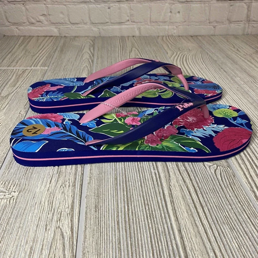 Polo Ralph Lauren Bolt Floral Flip Flip Sandals Men’s 11-12 12D Blue Pink New